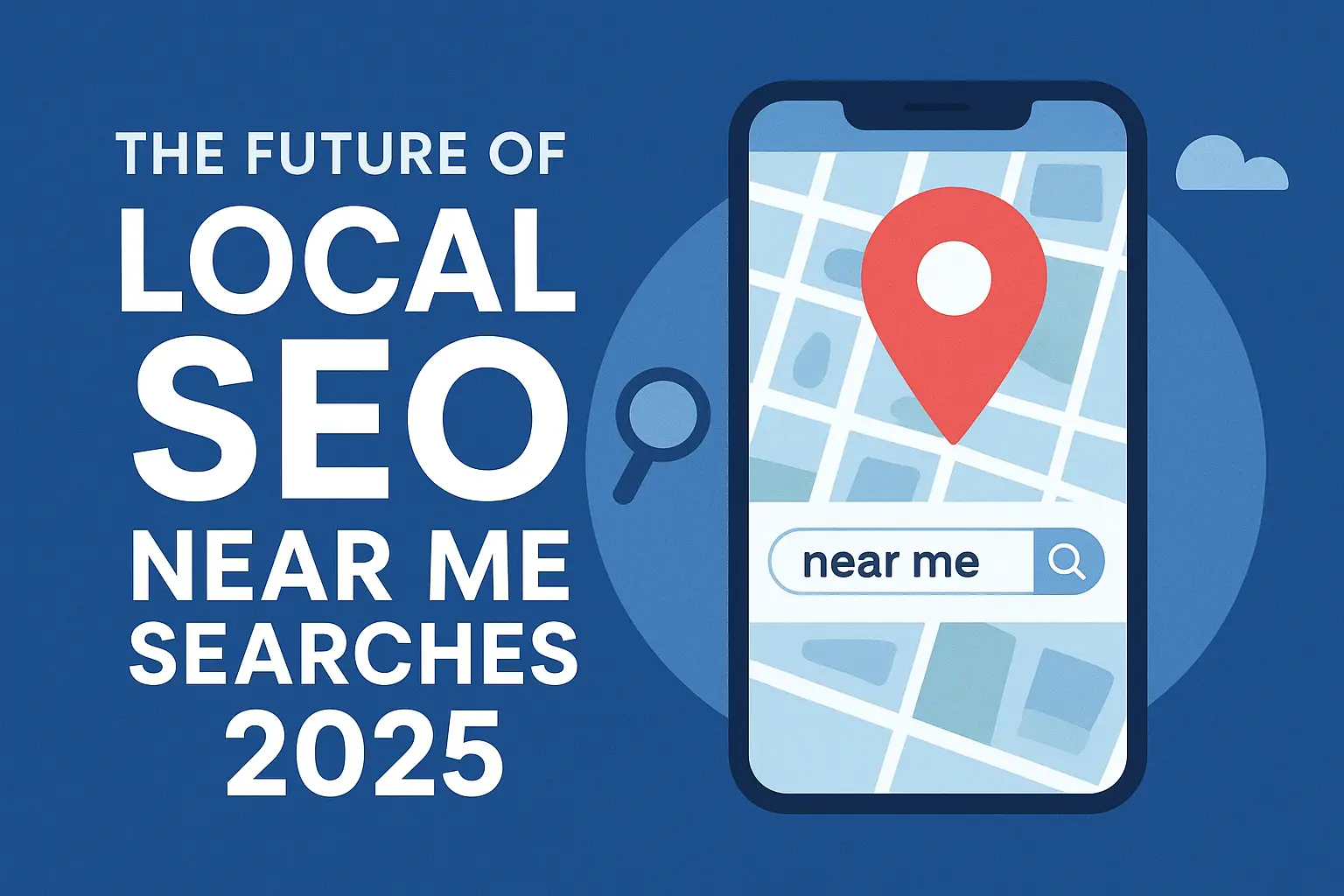 Illustration showing a smartphone with a map and location pin, symbolizing “near me” searches, alongside bold text reading “The Future of Local SEO Near Me Searches 2025.”