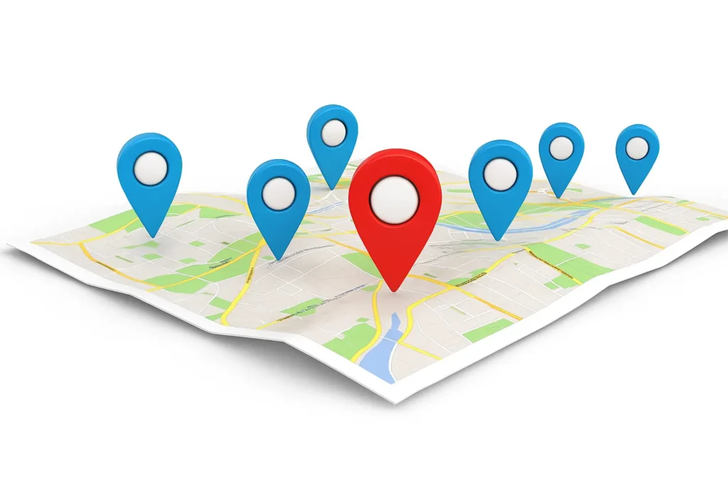 3D digital illustration showing a folded city map with multiple red and blue location pins, symbolizing advanced local SEO targeting and nearby business visibility.
