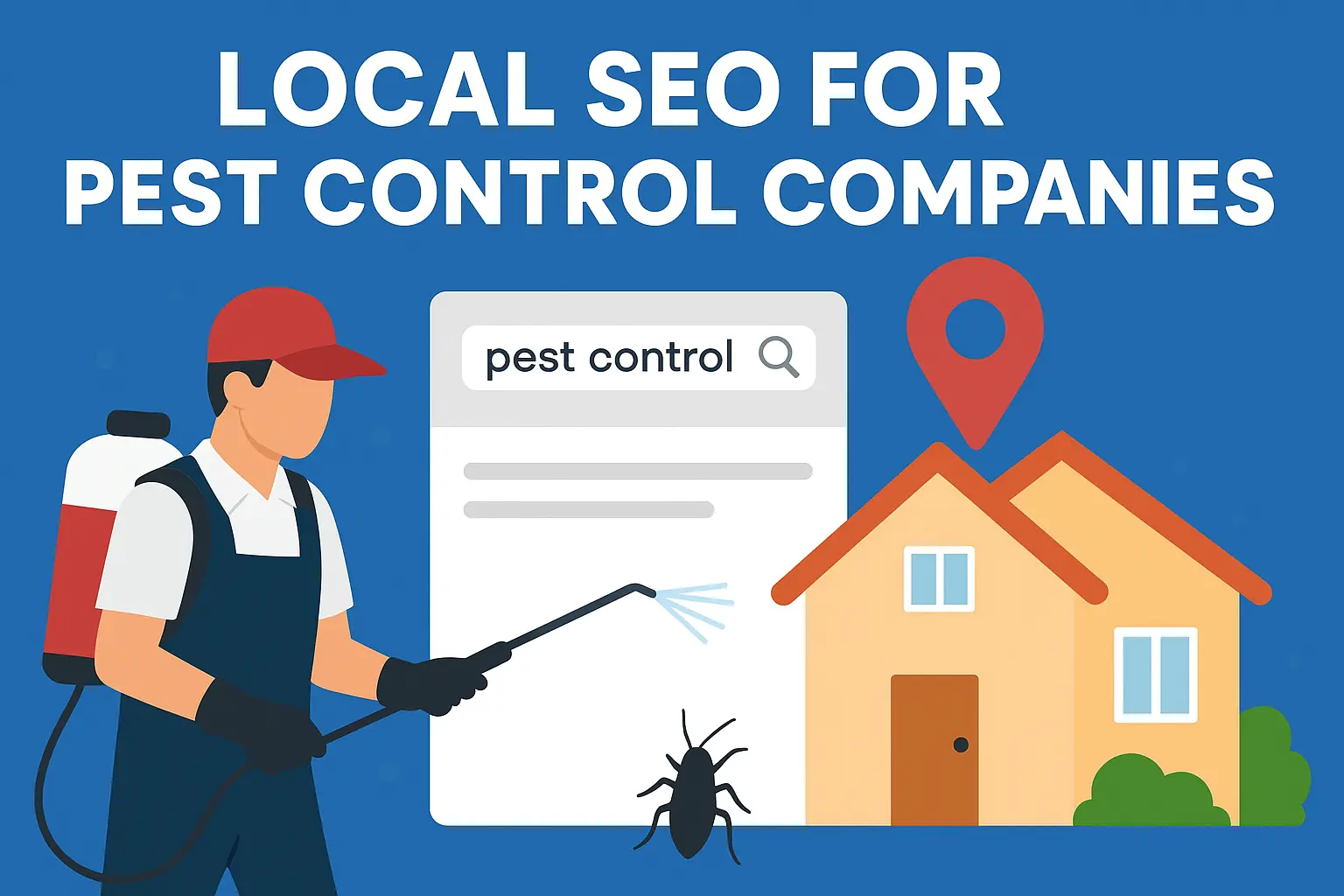Illustration of a pest control technician spraying near a house with a Google search bar and location pin, representing local SEO for pest control companies.