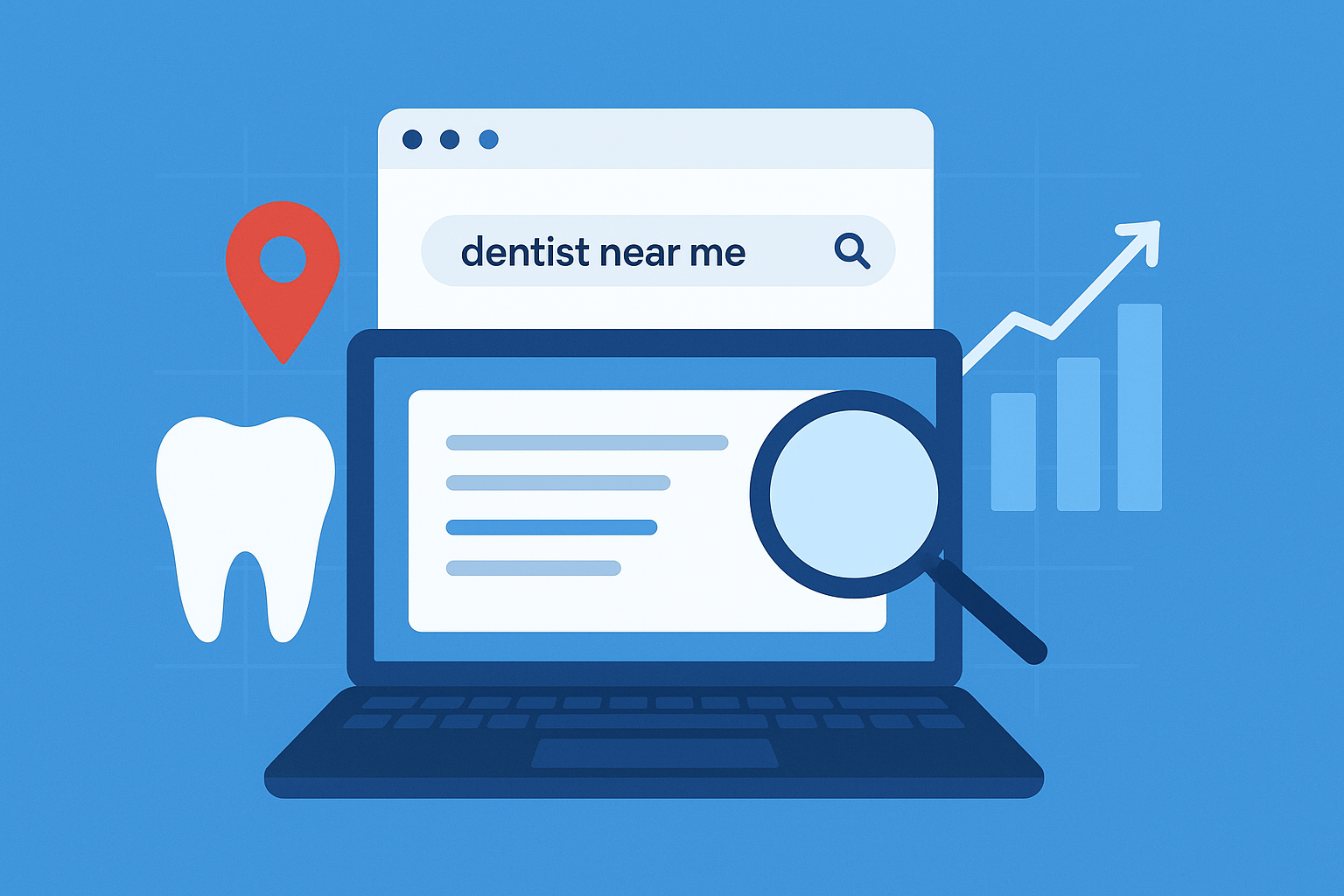 A blue flat-style illustration showing a laptop with a “dentist near me” search bar, magnifying glass, tooth icon, and upward graph, symbolizing local SEO growth for dental clinics.