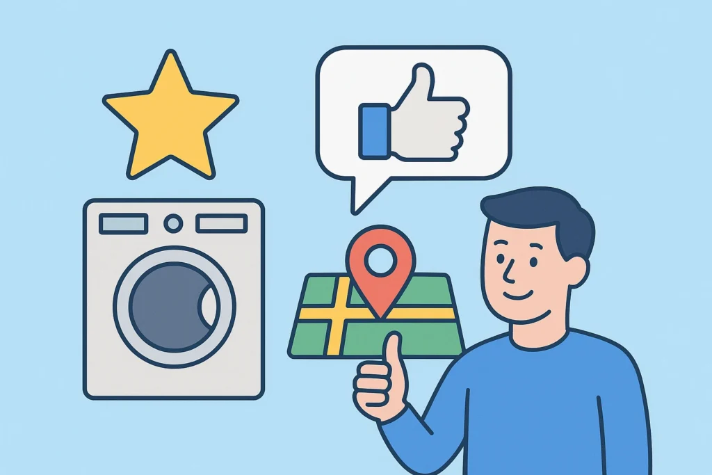 Illustration showing a washing machine, star rating, location pin on a map, thumbs-up icon, and a person giving a thumbs-up to represent local SEO for laundry shops.