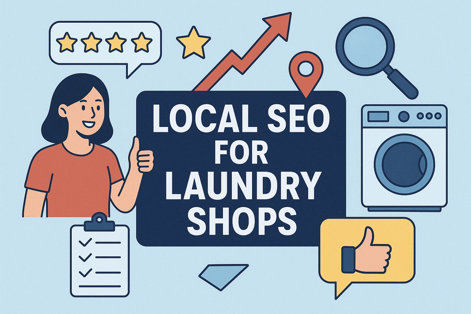 Local SEO for laundry shops infographic showing reviews, ratings, location pin, washing machine icon, and a person giving a thumbs up.