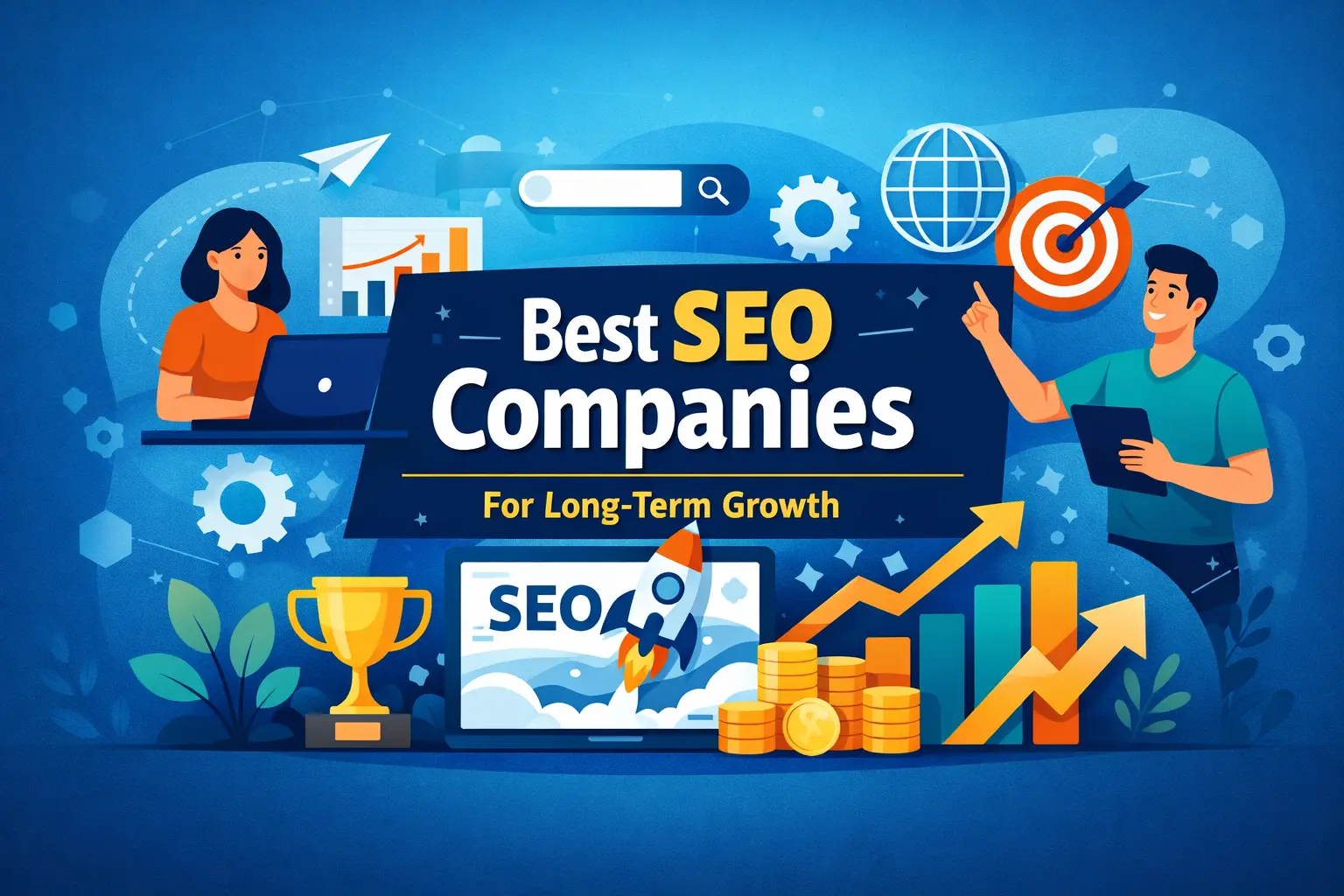 Best SEO companies for long-term growth with SEO strategy, rankings, and organic traffic illustration