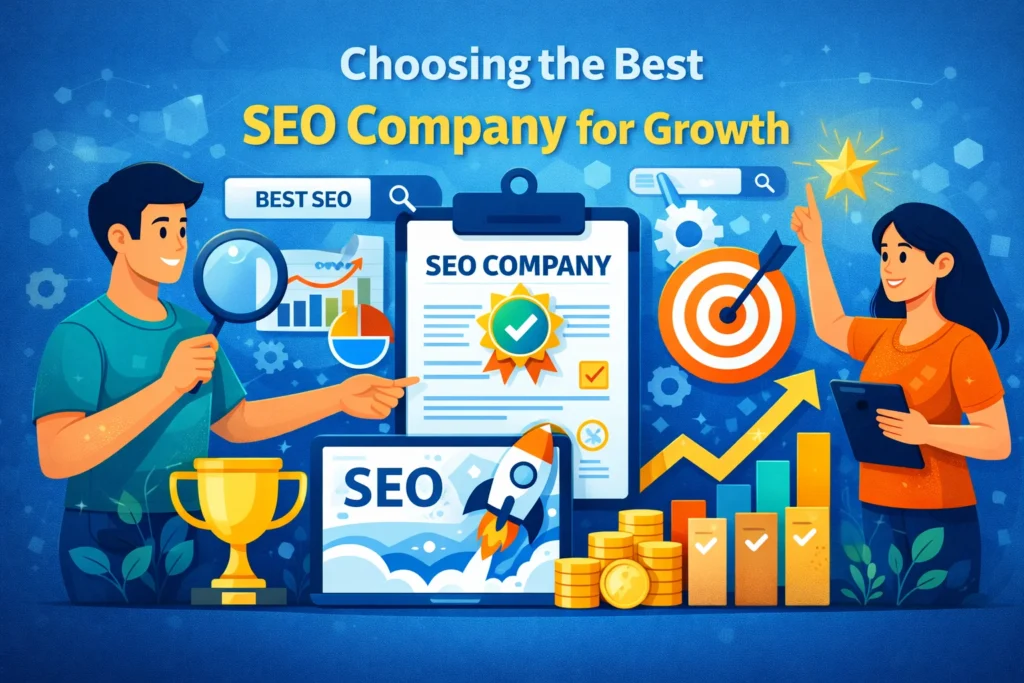 Choosing the best SEO company for growth with a man examining SEO data through a magnifying glass and a woman holding a tablet, surrounded by SEO icons, charts, coins, and arrows representing organic traffic and successful SEO strategies.